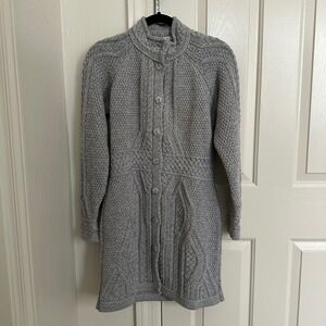 Aran Crafts Ireland 100% Merino Wool Long Cardigan Jacket | Cream Cable Knit XXS